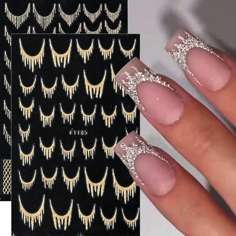 Reflective Glitter French Nail Art Stickers Sparkly Gold Silver Tassel Line Geometric Grids Adhesive Sliders Decals DIY Manicure