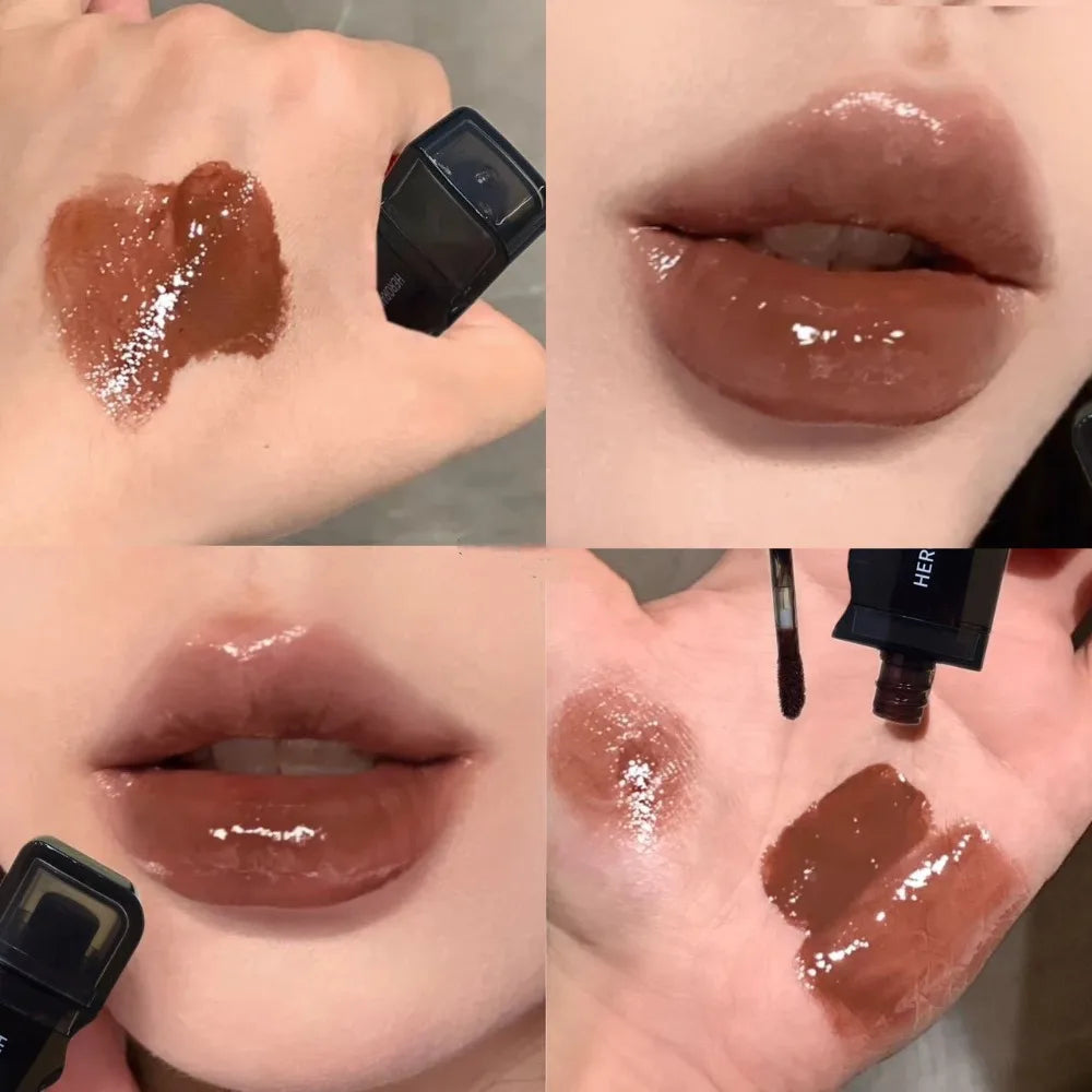 Wave Shape Green Brown Mirror Lip Tint Glass Clear Shine Lip Stain Water Light Non-Sticky Plumping Lip Long Lasting Makeup