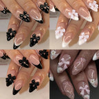 ARTAUG 96PCS Pressed French Almond False Nails With 3d Bow Pearl And Flower Designs, Reusable Acrylic False Nails