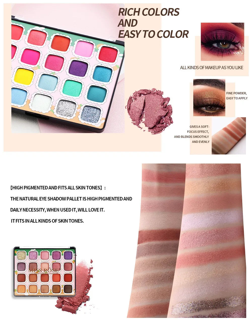 High Quality MISS ROSE 20 Colors Diamond Nude Eyeshadow Palette Make Up Pigment Silky-Smooth Matte Shimmer Eye Shadow Cosmetics
