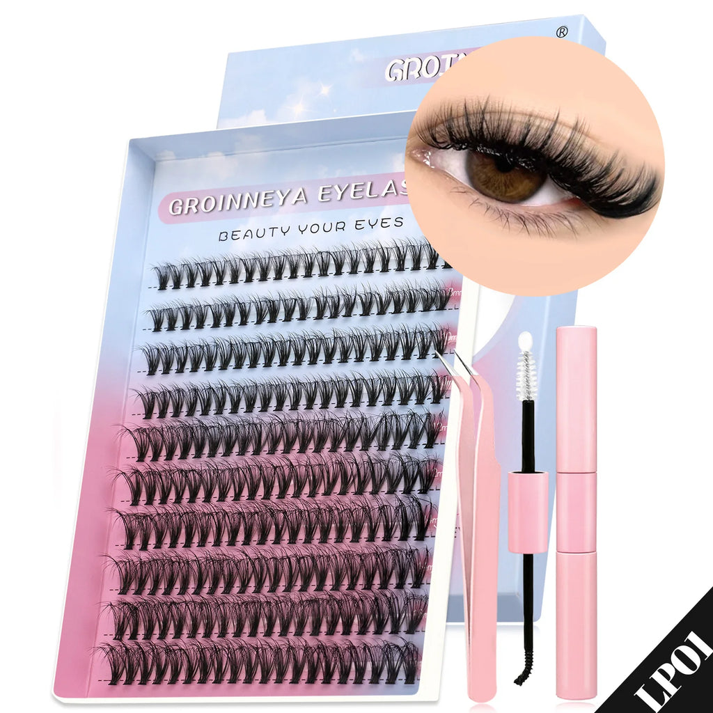 GROINNEYA DIY Lash Clusters Set Mixed Tray Lashes Kit Fluffy Individual Lashes Extension With Lash Bond and Seal Makeup