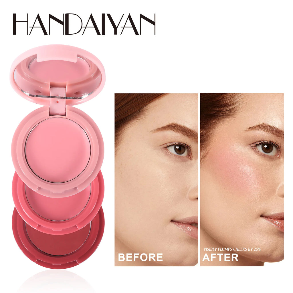 HANDAIYAN 3-in-1 Multi-Color Matte Blush Tray Folding 3-Color Velvet Mousse Lip Mud Natural