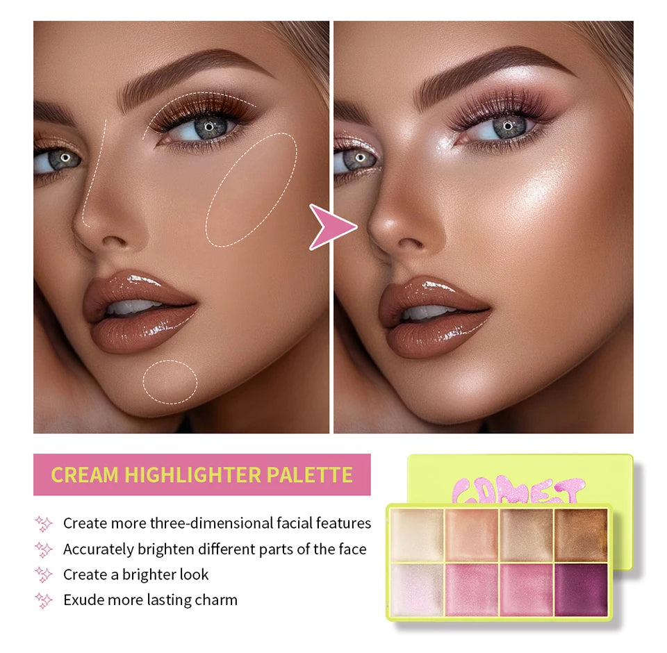 8 Colors Cream Highlighter Palette for Highlight Face Brighten Highlighter Blush Shimmer Waterproof Makeup Tool Cosmetics