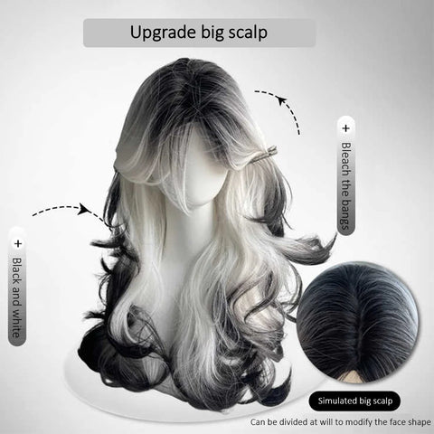 Gray-black Gradient Synthetic Wig Female Twilight Elf Gothic Lolita Wool Curly Long Hair With Bangs Christmas Cosplay Wig