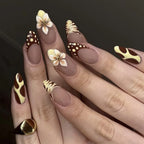 24pcs Tropical Flower Press On Nails Colorful French 3D Crystal Butterfly Shells Pattern Printed False Nails Almond Fake Nail
