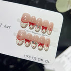 10PCS Ins Blue Short Oval False Nails Retro Hand-drawn Brown Polka Dot Bow French Press on Nails Full Cover Detachable Manicure
