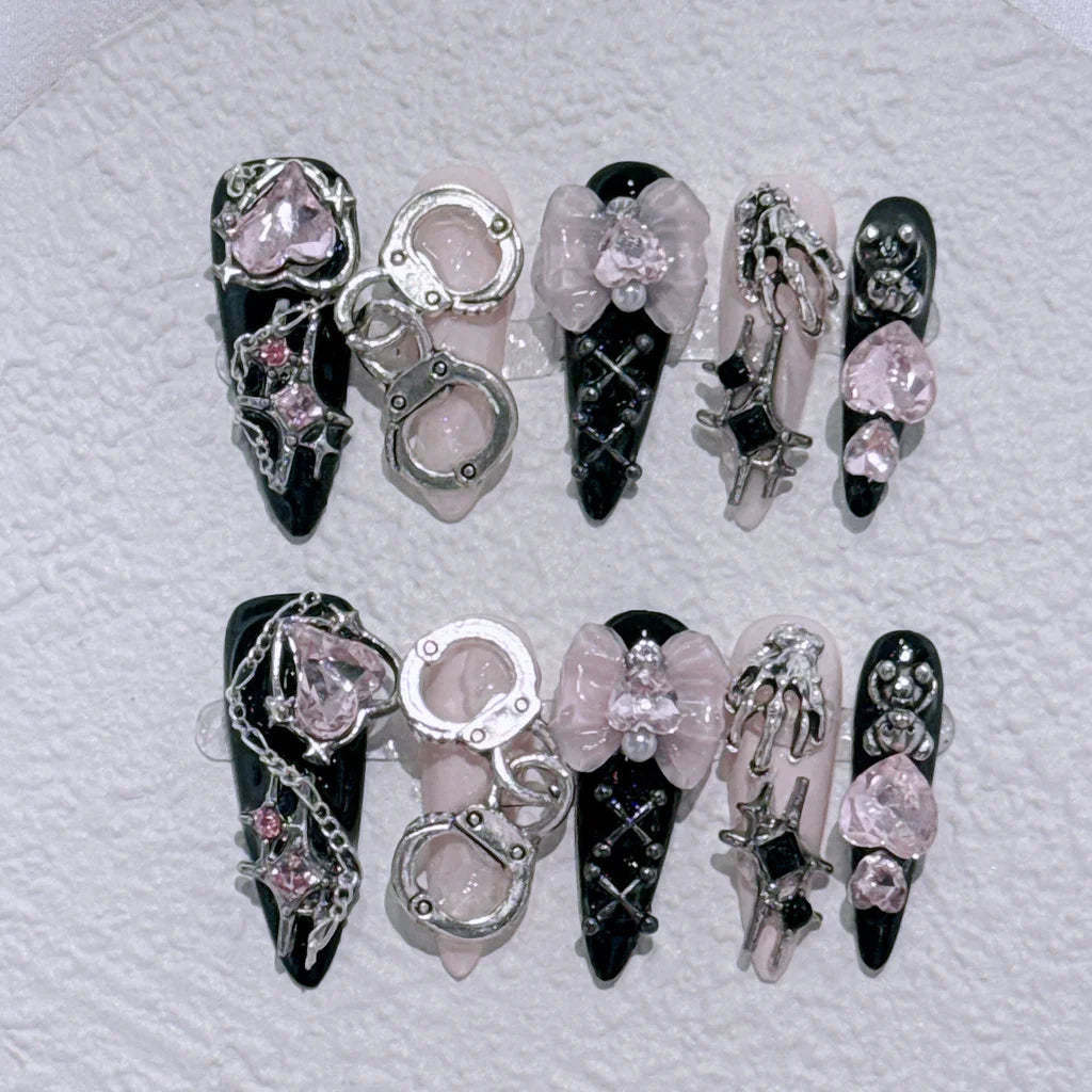 Menhera Y2K Spice Girls Black Red Long Tip Handmade Press On Nails Cross Spider Love Diamond Fake Nails Bow Cool Dark Nail Art