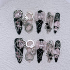 Menhera Y2K Spice Girls Black Red Long Tip Handmade Press On Nails Cross Spider Love Diamond Fake Nails Bow Cool Dark Nail Art