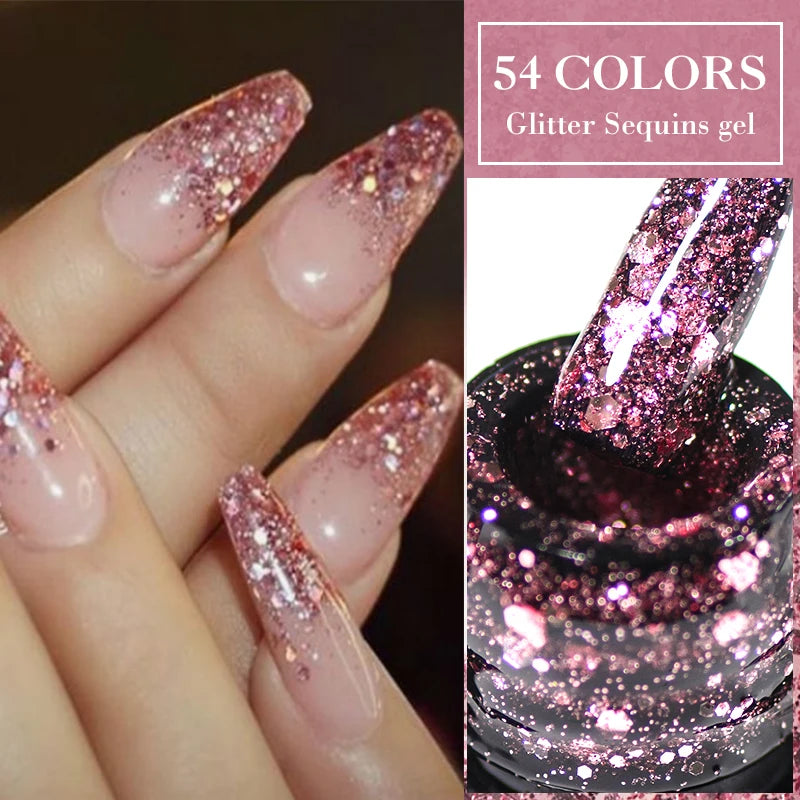 Mtssii 6PCS/Set Pink Glitter Gel Nail Polish Set Sequins Semi Permanent Base Matte Top Coat Soak Off LED UV Nail Art Gel Varnish