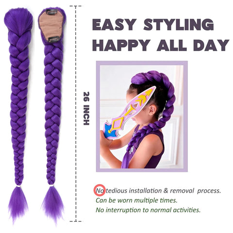 Synthetic Braided Purple Hair Ponytail Rumi Costume Hairstyle 26inch Long Ponytail with Clips for Kids Girls Halloween Christmas