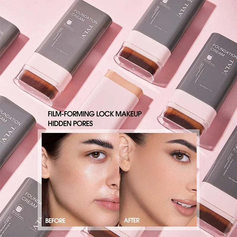 Concealing Foundation Stick 5 Shades With Built-In Brush,  Brighten Lightweight and Waterproof Formula Face Contour Stick Makeup