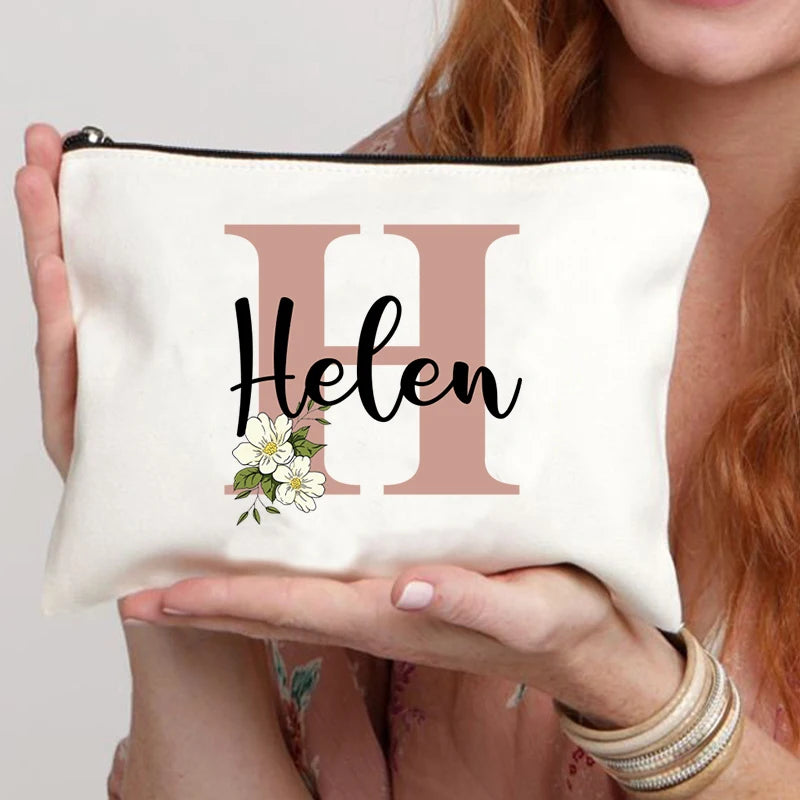 Floral Letters Custom Name Makeup Bag Best Gift for Bridesmaid Teachers Friends Women Purse Personalise Gift for Birthday