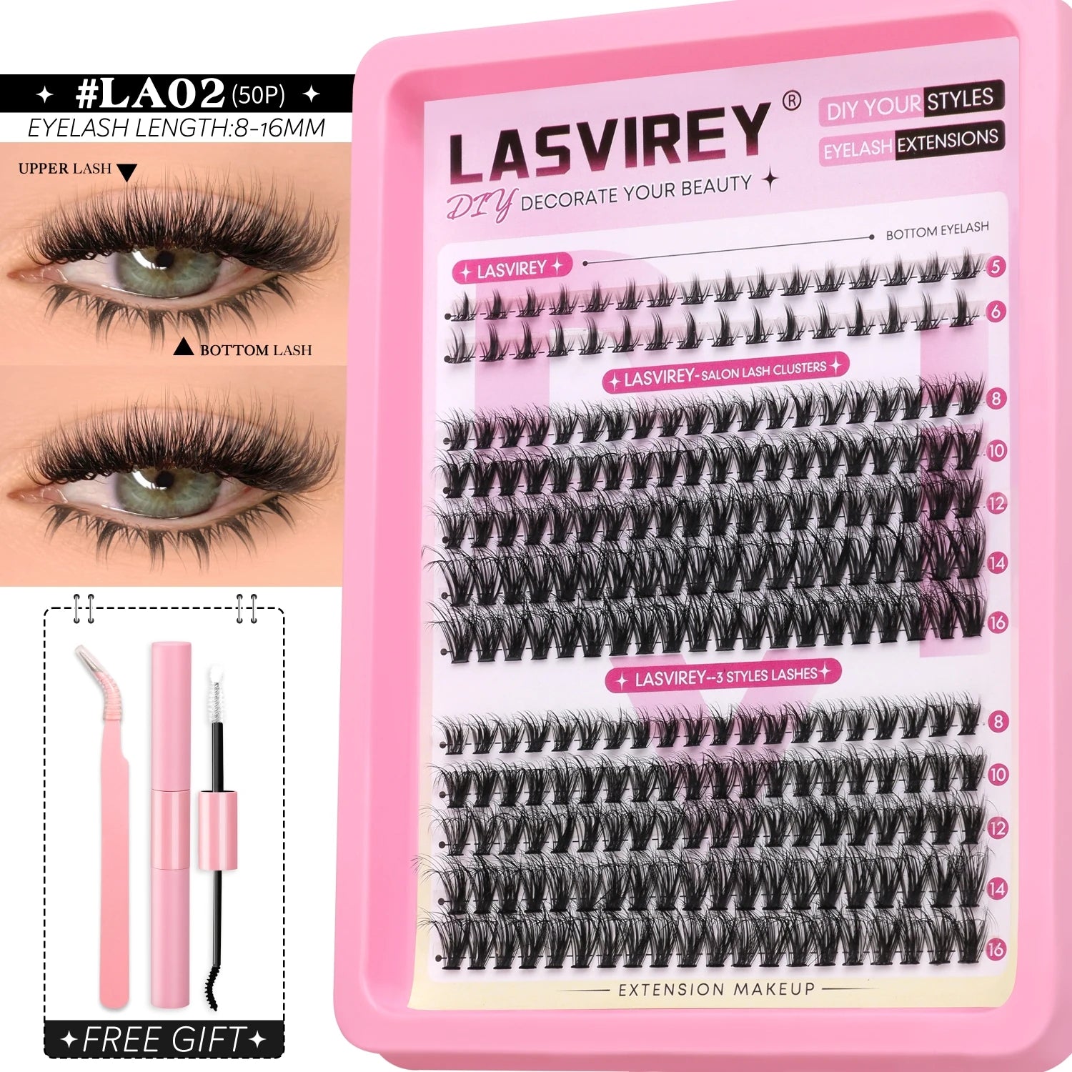 Lasvirey DIY Lashes Kit Fluffy Lash Clusters Kit Mixed Individual Eyelashes with Bottom Lashes Extension Cluster Lashes Makeup