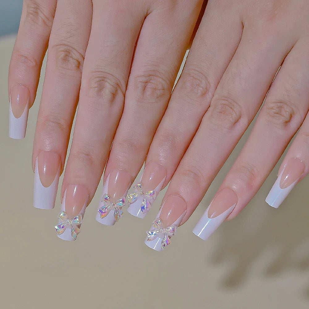 3D Flower Design French Fake Nails Love Bow Decor Mid-length Coffin Ballet Press on Nail Korean Sweet Bride Lady Fake Nails