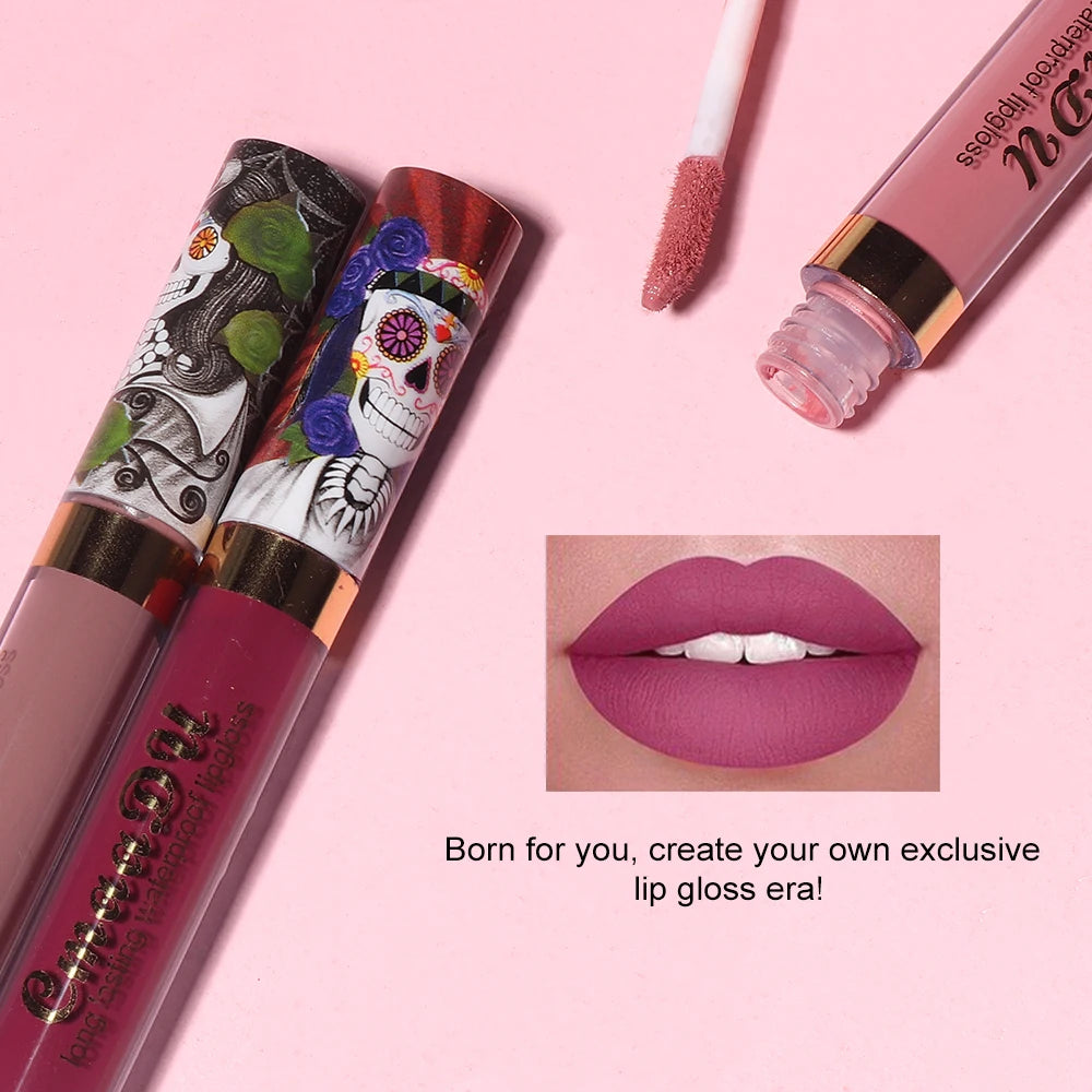 1pcs Matte Lip Gloss - Long-Lasting, Waterproof, Non-Fading, for All Skin Types - Vibrant Red Shades with Floral & Skull Designs