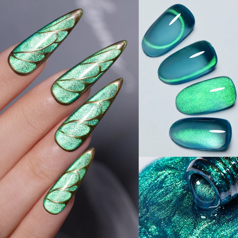 PUENTE 7.5ML Blue Laser Cat Magnetic Gel Nail Polish Sparkling Holographic Rainbow Cat Eye Gel Soak Off UV/LED Nail Art Varnish