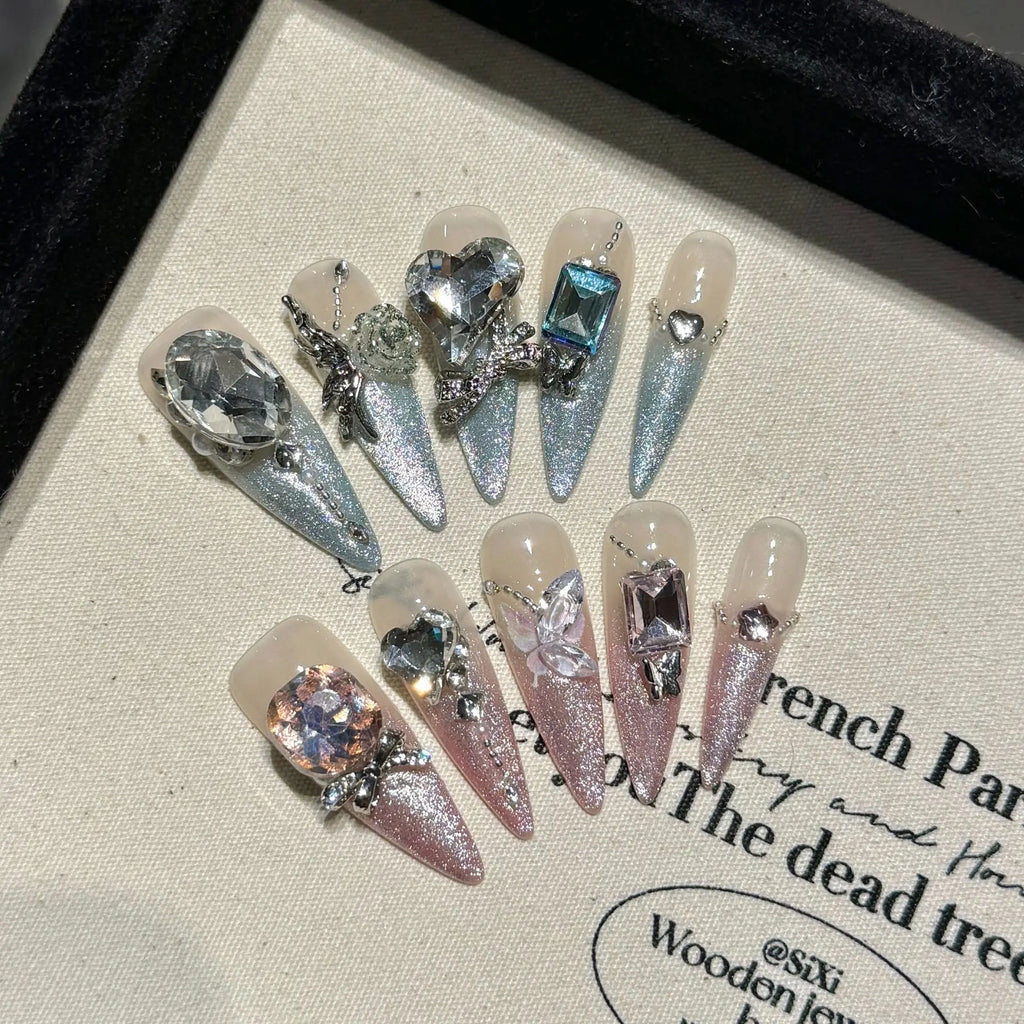 Handmade Press on Nails Shiny Pink Cat Eye Fake Nails for Women Girl Wearable Glitter Full Crystal Design False Nail Tips