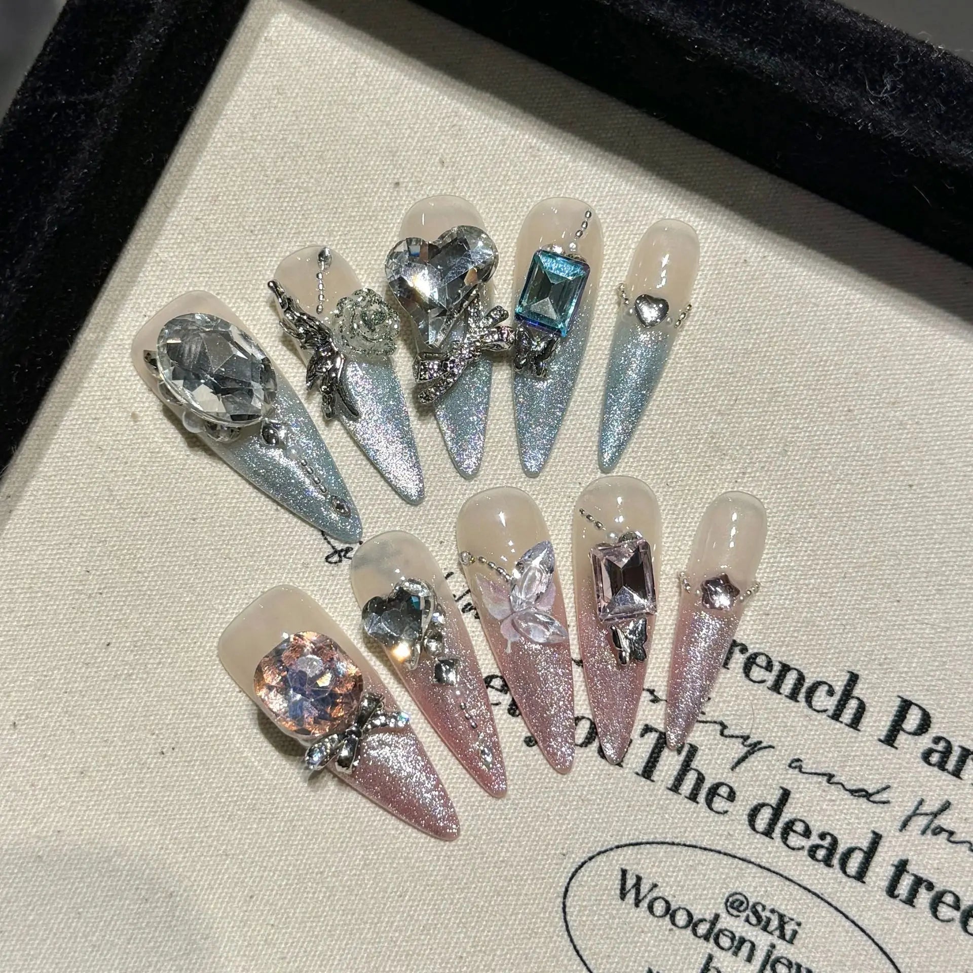 Handmade Press on Nails Shiny Pink Cat Eye Fake Nails for Women Girl Wearable Glitter Full Crystal Design False Nail Tips