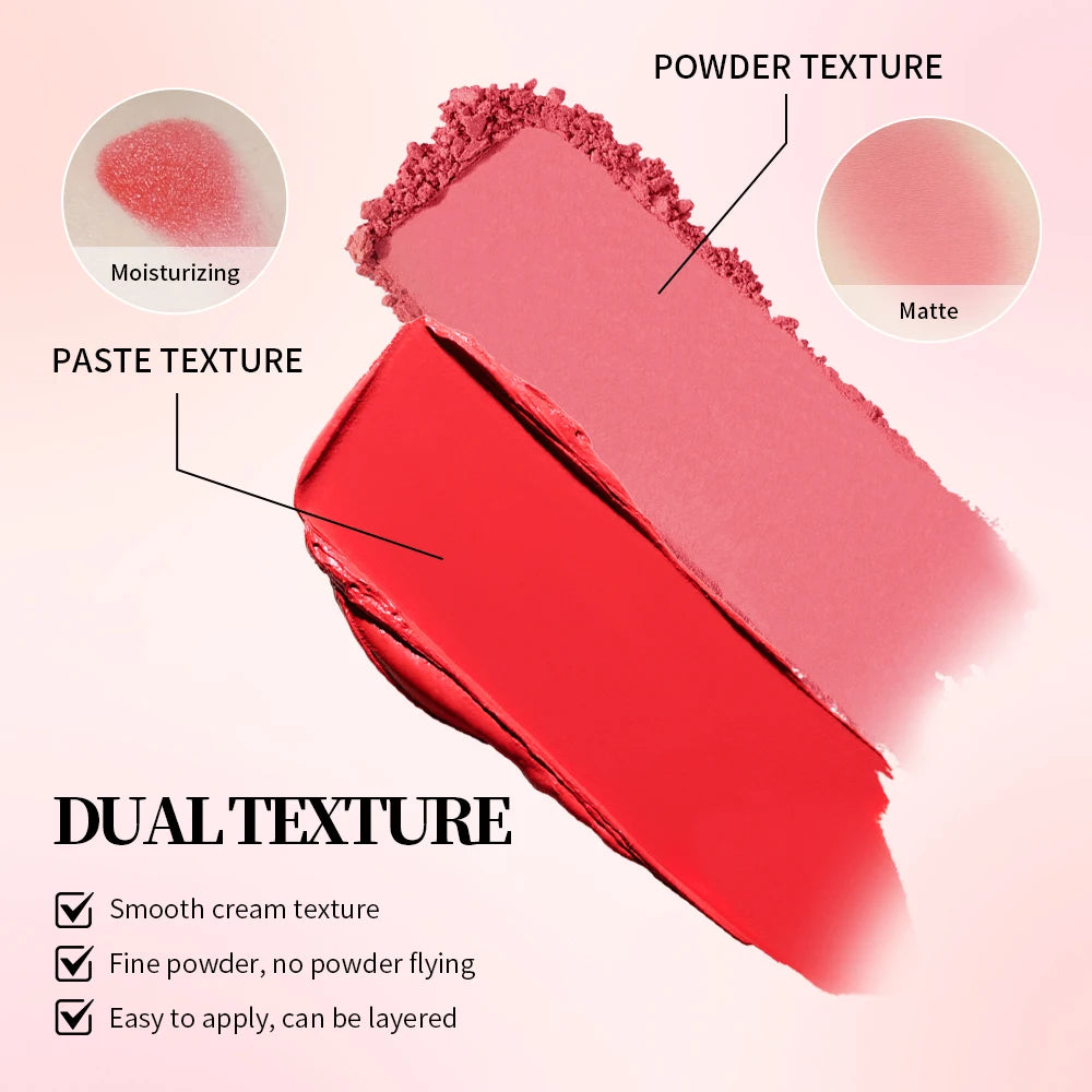 Creme & Powder Blush Duo Long Wearing Matte & Dewy Finish High Pigment Pink Candy Peach Blush Palette Vibrant Orange Red Blush