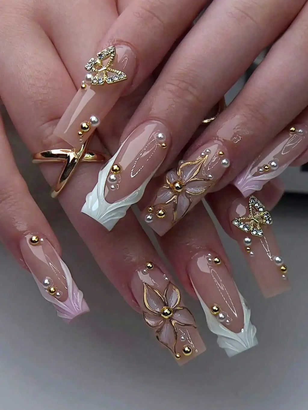 24Pcs 3D Floral French Gel Nail Stickers with Pearls, Press On Nails Set Includes Jelly Gel & Nail File