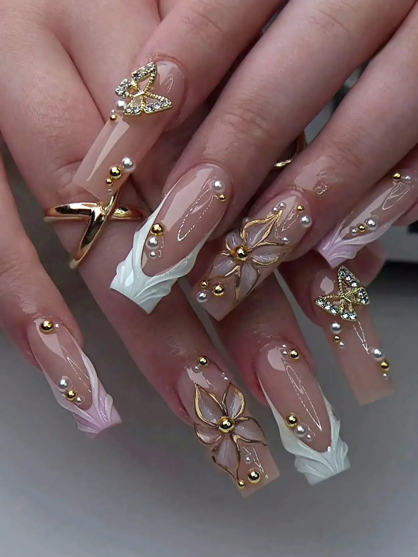 24Pcs 3D Floral French Gel Nail Stickers with Pearls, Press On Nails Set Includes Jelly Gel & Nail File