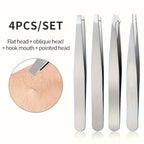 4 Piece Professional Tweezers Set Eyebrow Hair Removal, Beard Plucking, Stainless Steel Angled Tweezers Tools Hair Removal Tool