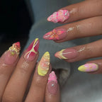 24pcs Tropical Flower Press On Nails Colorful French 3D Crystal Butterfly Shells Pattern Printed False Nails Almond Fake Nail