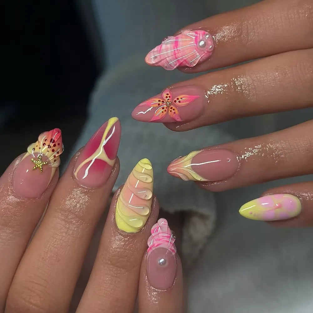 24pcs Tropical Flower Press On Nails Colorful French 3D Crystal Butterfly Shells Pattern Printed False Nails Almond Fake Nail