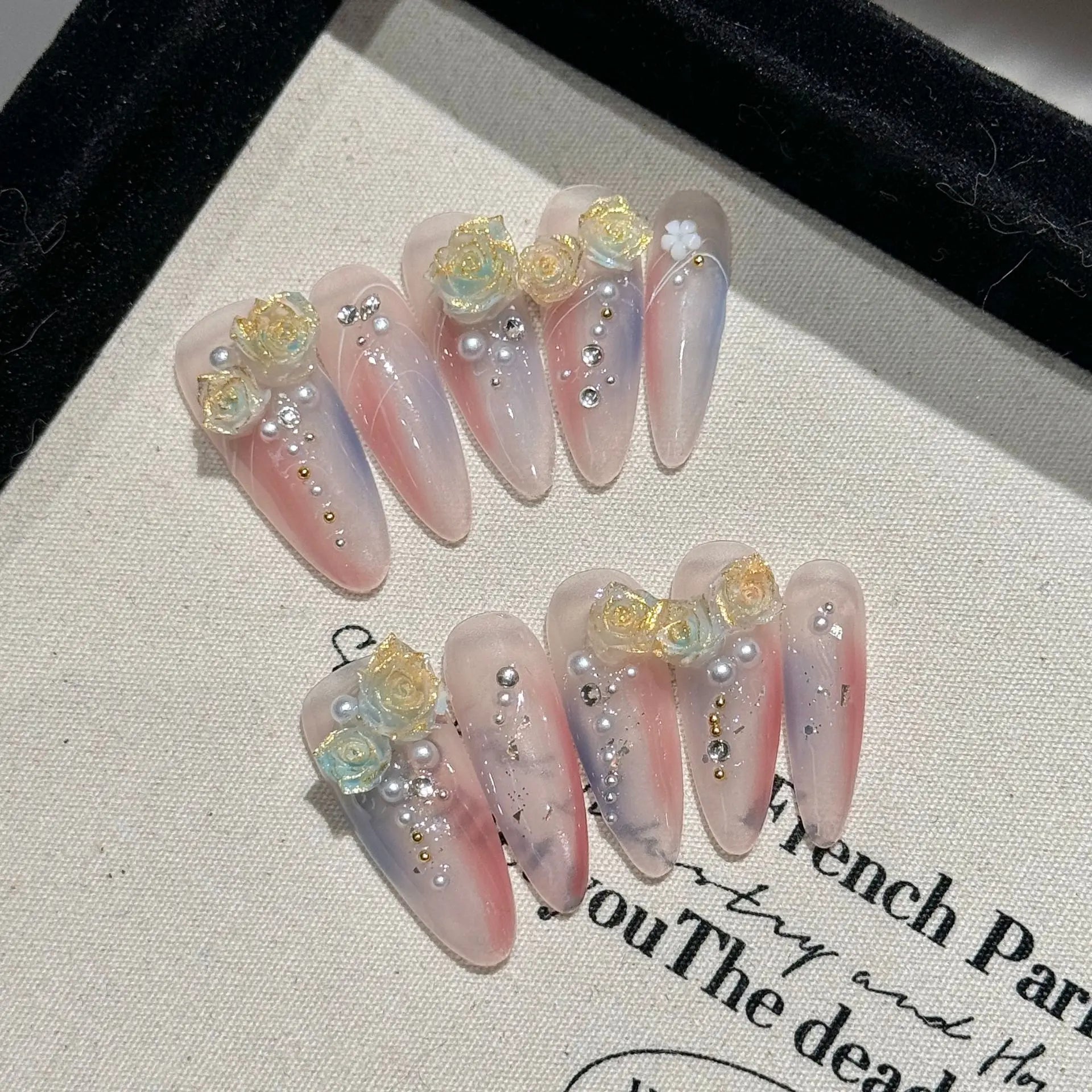Handmade Press on Nails Ins Sweet Pink Blue Color Fake Nails for Girls Wearable 3D Cherry Love Star Korean Cute False Nail Tips