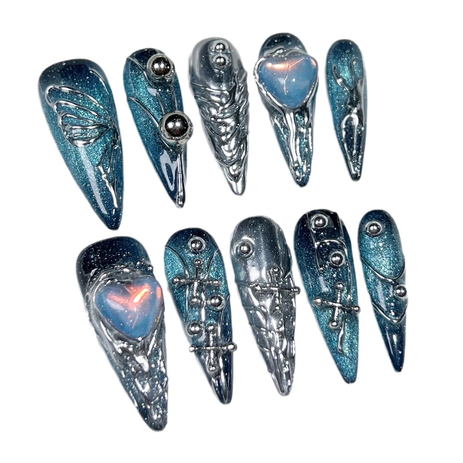 Handmade Press on Nails Punk Cool Black Star Crocodile pattern False Nails Heavy Metal European Black Almond Fake Nail Patches