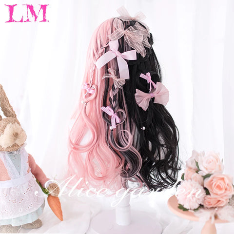 LM Synthetic Hair Long Wave Black And Pink Lolita Wigs For Women Cosplay Wig With Bangs Halloween Christmas Heat Resistant