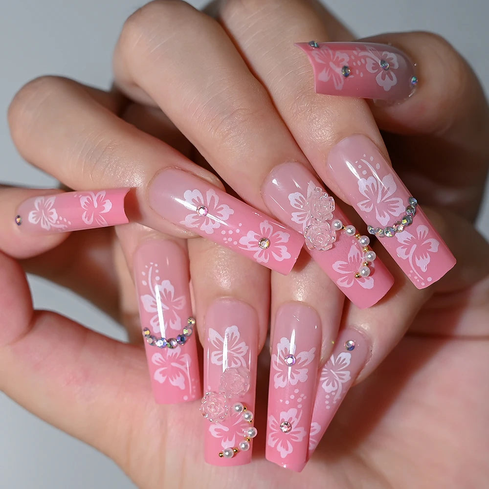 3D Flower Design French Fake Nails Love Bow Decor Mid-length Coffin Ballet Press on Nail Korean Sweet Bride Lady Fake Nails
