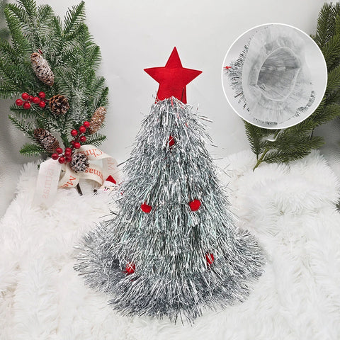 Christmas Tree Hats Fabric Rain Silk Hat for Adults Kids Funny Santa Hat with Tinsel Xmas Holiday Party Costume New Year Decor