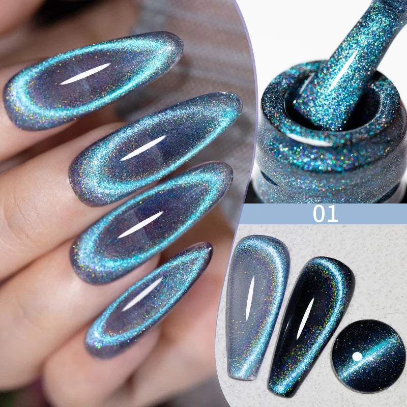 PUENTE 7.5ML Blue Laser Cat Magnetic Gel Nail Polish Sparkling Holographic Rainbow Cat Eye Gel Soak Off UV/LED Nail Art Varnish