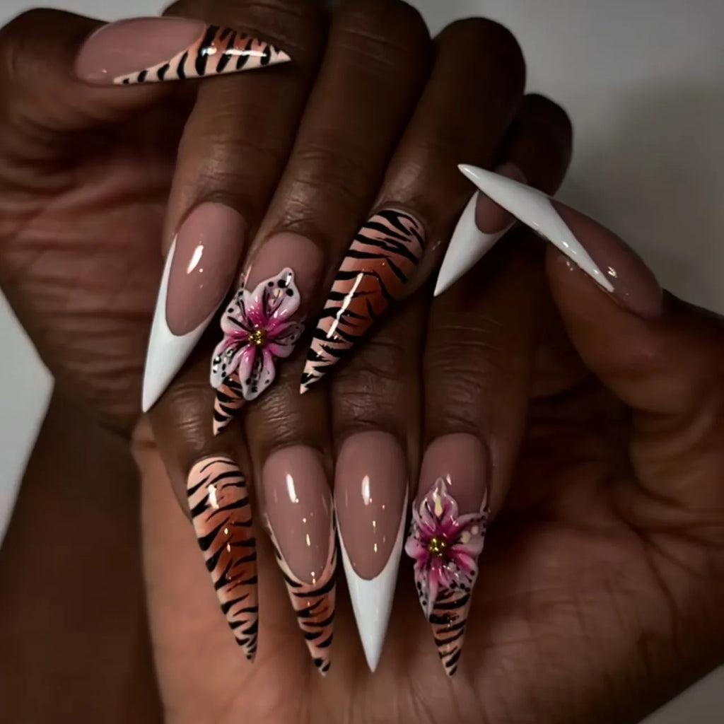 24pcs Brown French Leopard Print Press On Nails Stereo Pink Flower Designs Autumn False Nails Sweet Cool Almond Fake Nail Tips