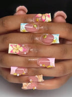 24Pcs 3D Floral French Gel Nail Stickers with Pearls, Press On Nails Set Includes Jelly Gel & Nail File