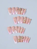 24Pcs 3D Floral French Gel Nail Stickers with Pearls, Press On Nails Set Includes Jelly Gel & Nail File