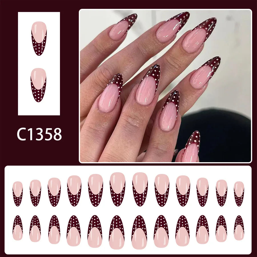 Sweet French Tip Press On Nails Medium Almond Shape Glossy Red White Polka Dot Fake Nails 24pcs