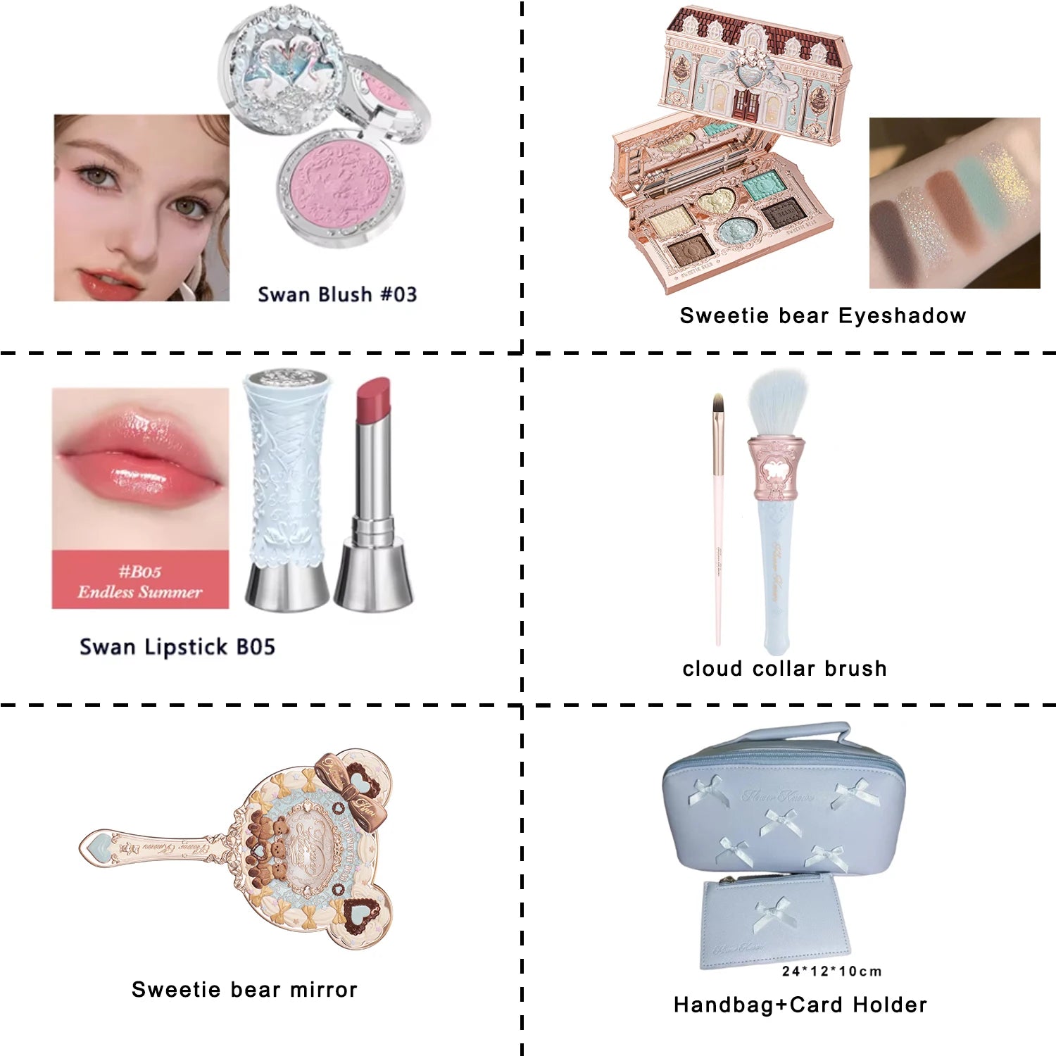 Flower Knows Swan Ballet Collection 6 Color Palette Embossed Blush Shine Lipstick Fairy Tale Ballet Makeup Gift Set