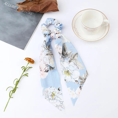 2023 Fashion Print Chiffon Long Ribbon Scrunchies Women Girls Ponytail Scarf Elastic Hair Bands Ties Hair Accessories Wholesale