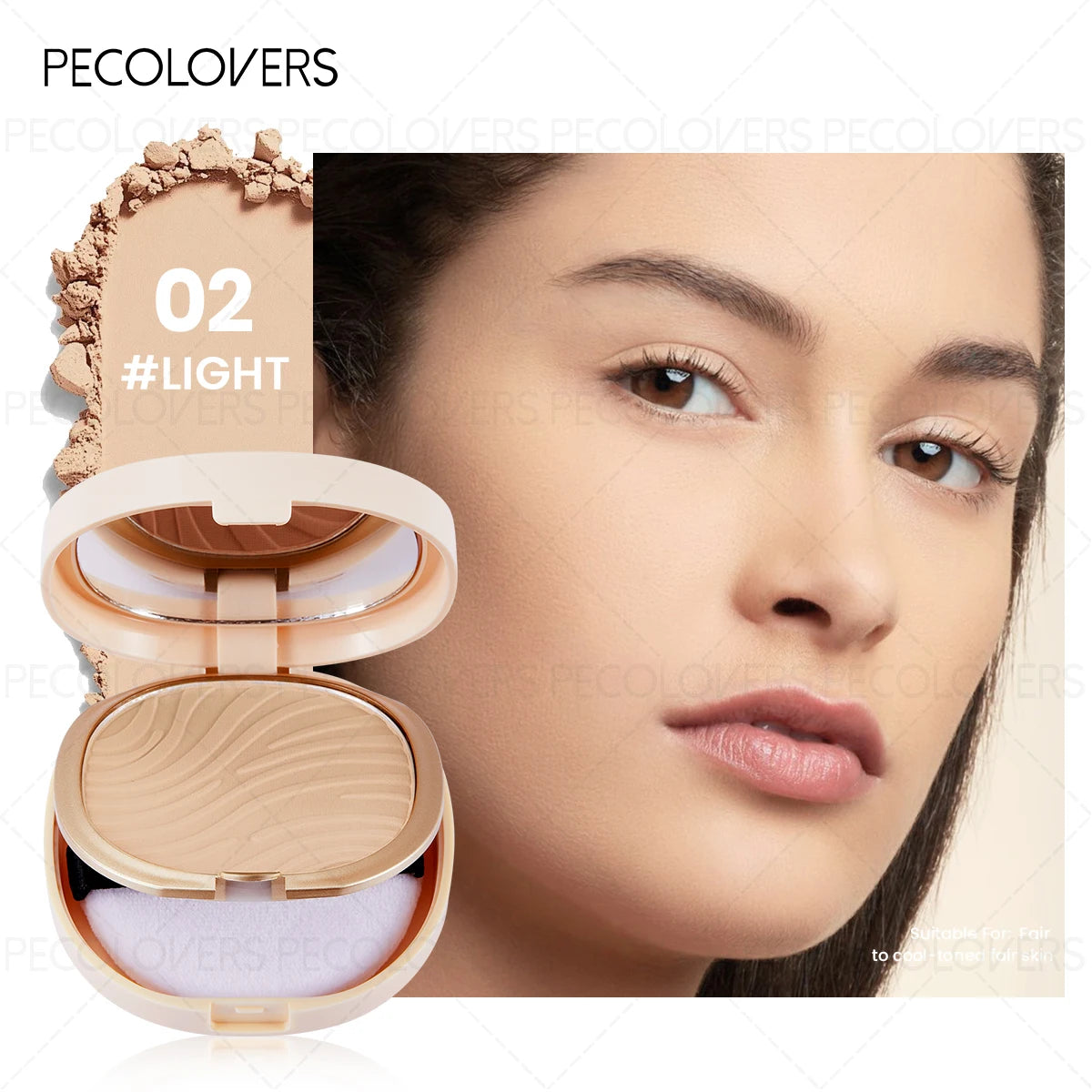 1PC Pressed Powder Foundation, Waterproof, Matte Finish, Full Coverage, Non-Sticky, for All Skin Types, Light to Medium Tone