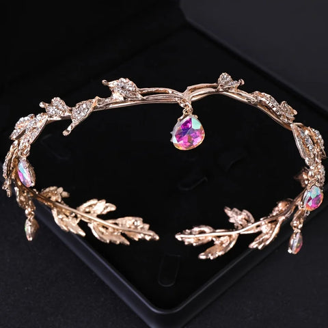 Fashionable and Luxurious Elf Crown Bridal Crystal Rhinestone Waterdrop Leaf Hair Accessories Romantic Head Accessories forWomen