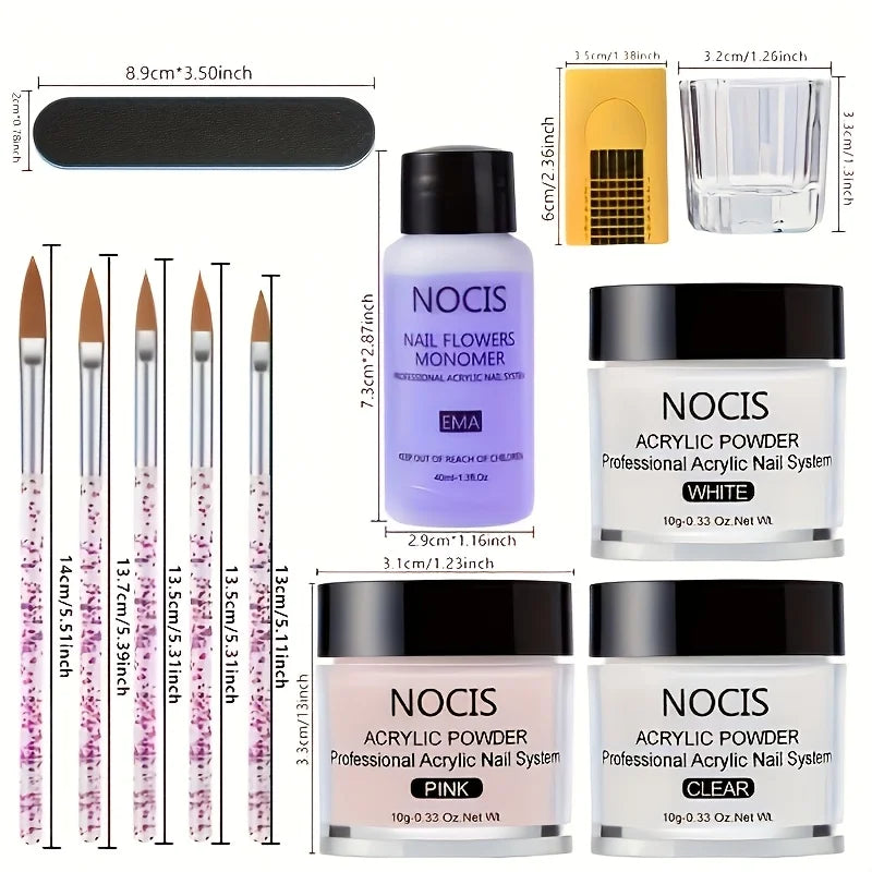 NOCIS Acrylic Nail Kit-Keratin Acrylic Powder with Castor Oil Vitamin E Nail Primer Nail Glue French Tips Pink Rhinestones Complete Tools Everything for Beginners DIY Home Salon Christmas Gift.