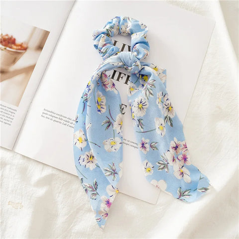 2023 Fashion Print Chiffon Long Ribbon Scrunchies Women Girls Ponytail Scarf Elastic Hair Bands Ties Hair Accessories Wholesale
