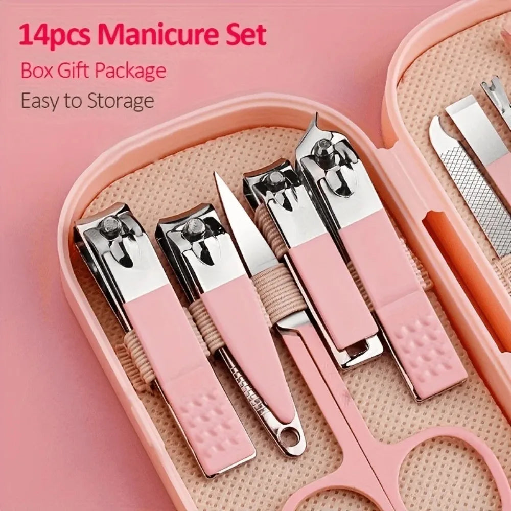 14 Piece Deluxe Nail Care Kit Pink & Blue Stainless Steel Manicure & Pedicure Set with Nail Scissors Clippers Ear Digging Spoon