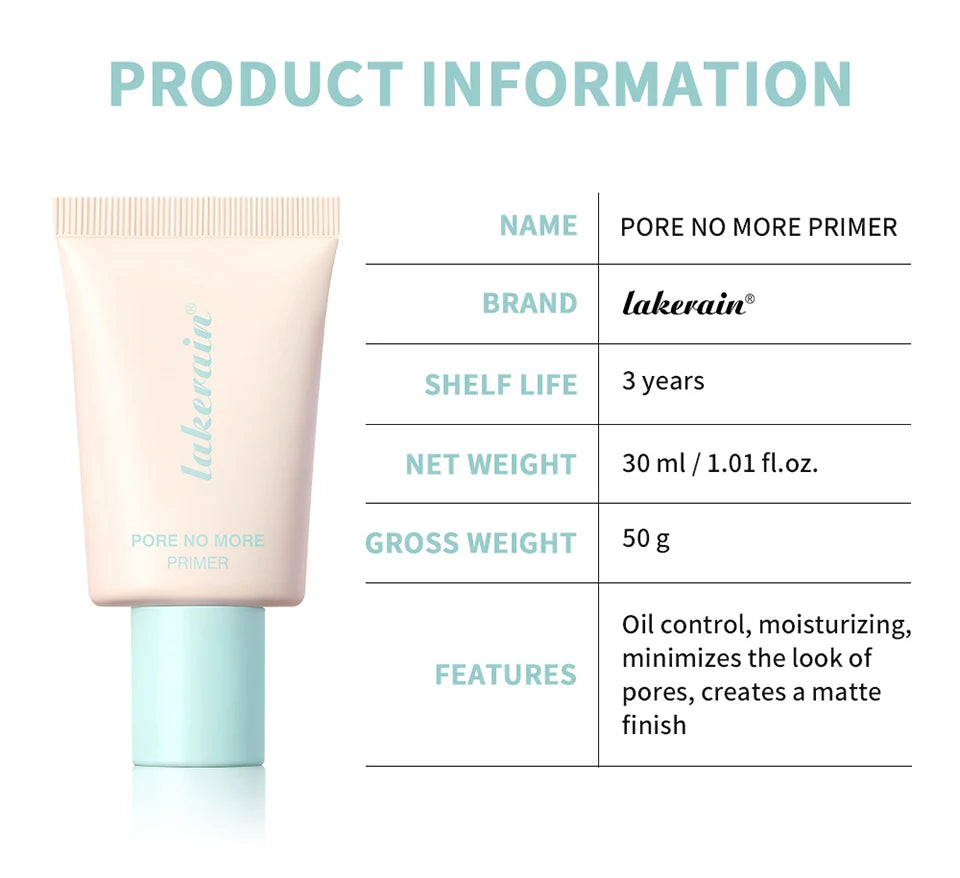Lakerain Pore No More Primer Moisturizing Long-Lasting Oil Control Matte Finish Primer Water & Sweat Resistant Base Makeup
