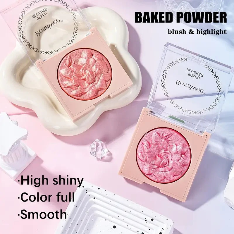 Multi-Color Glossy Blush Highlighter, Baking Process, Moisturizing and Glossy Makeup Effect, Light and Easy to Color with Texture, Facial Brightening, with Pearlescent Brightening Effect, Rose Blush Palette