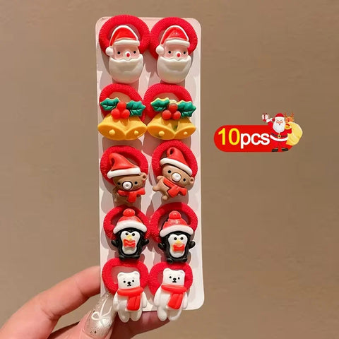 10Pcs/Set Kids Girls Christmas Hair Ties Cute Santa Claus & Reindeer Design Festive Hair Accessories Holiday Parties Decorations