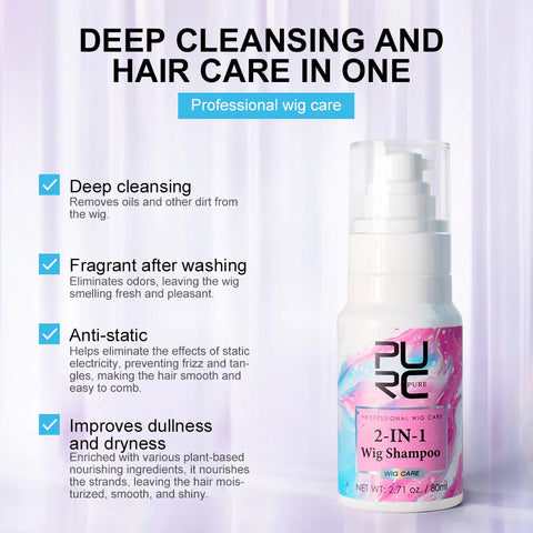 PURC 2-IN-1 Professional Sulfate-Free Wig Shampoo for Synthetic & Human Hair - Moisturizing Cleanser with Long-Lasting Fragrance