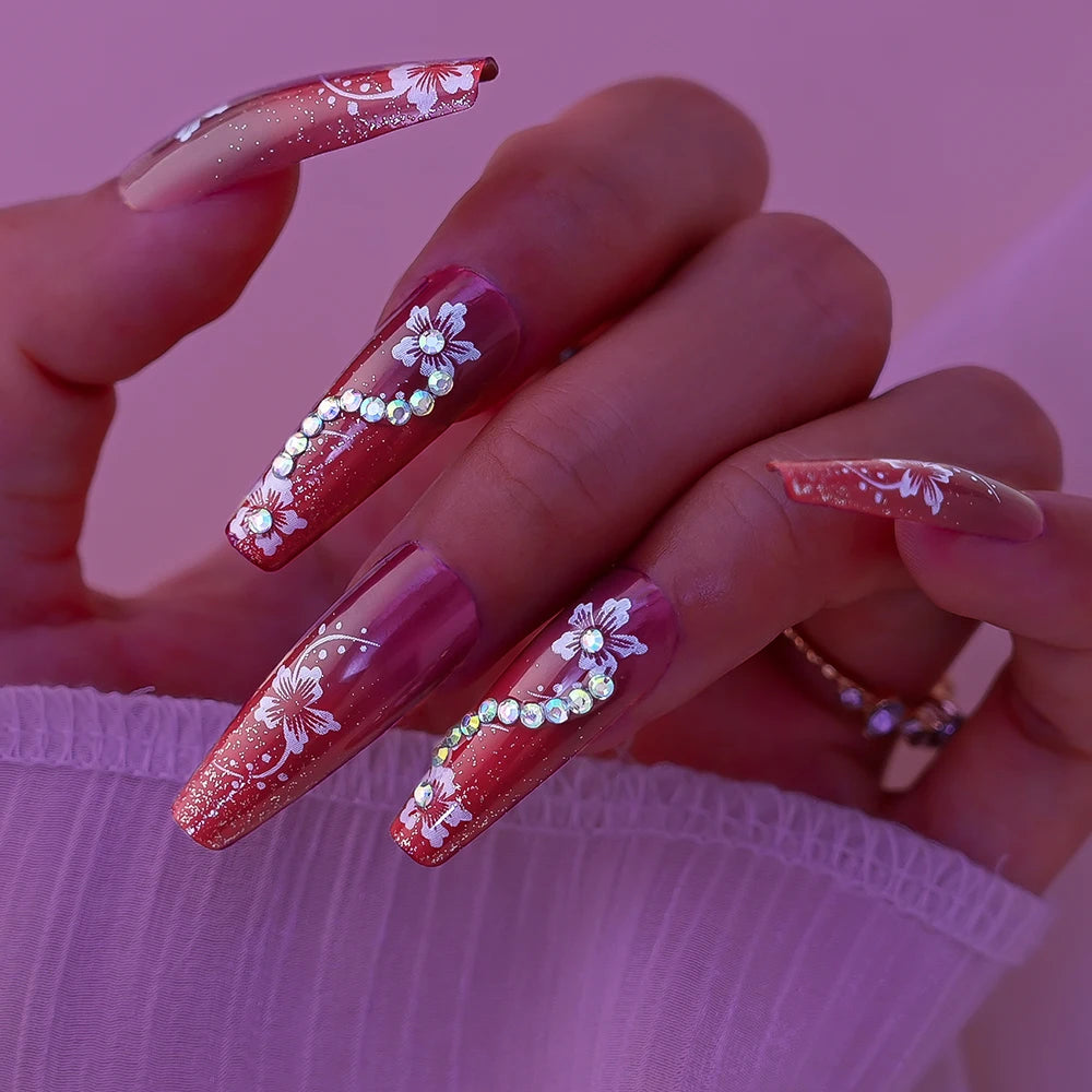 3D Flower Design French Fake Nails Love Bow Decor Mid-length Coffin Ballet Press on Nail Korean Sweet Bride Lady Fake Nails
